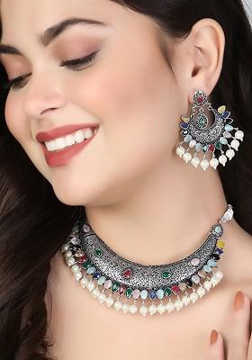Silver Plated Oxidized Stones Studded And Pearls Bead Jewellery Set