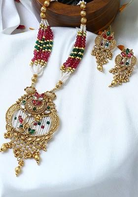 Women Gold Plated Antique Floral Motif Stone Studded Temple Jewellery Set