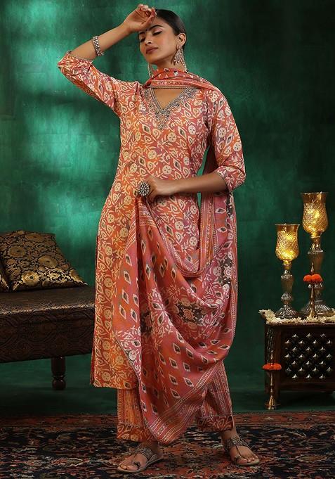 Women Mustard Yellow Beads and Stones Kurta with Palazzos & With Dupatta