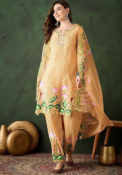 Printed  Embroidered Kurta With Trousers And Dupatta