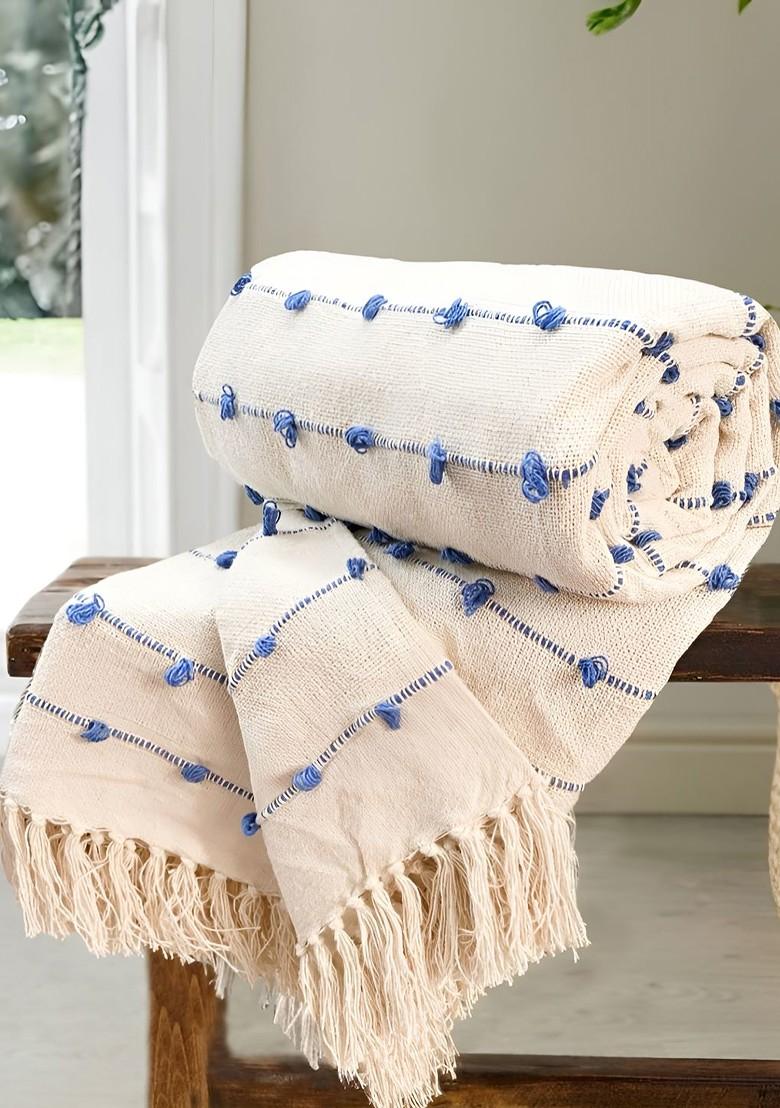 Buy Women SAJAVAT Beige And Blue Self-Design Pure Cotton Throw