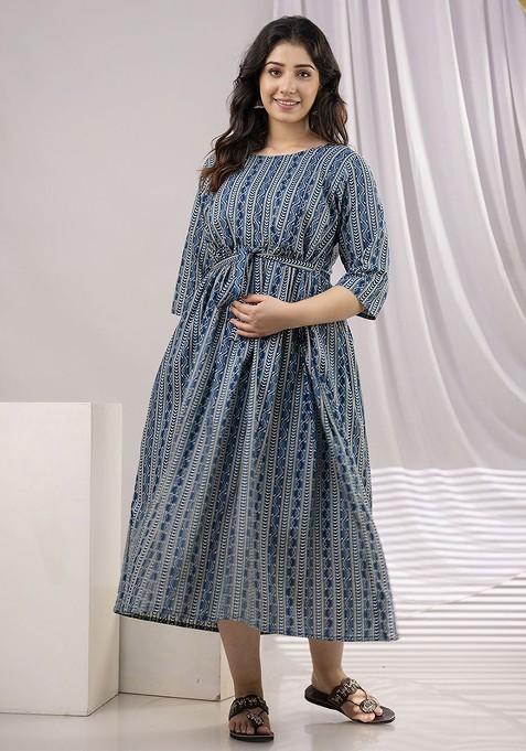 Women Grey Ethnic Printed Maternity Dress