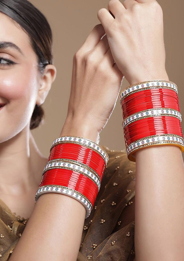 Bridal Bangles Red And White Bridal Chura Buy Women Set Of 70 Gold