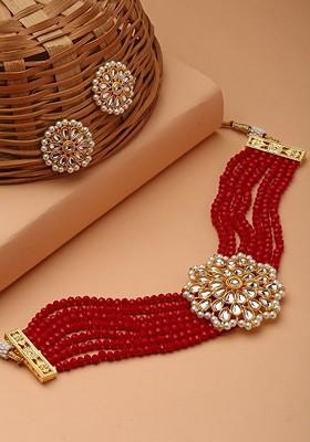 Red Gold Plated Kundan Studded And Beaded Jewellery Set
