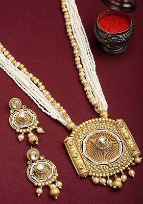 White Gold Plated Kundan Stone Studded And Beaded Jewellery Set
