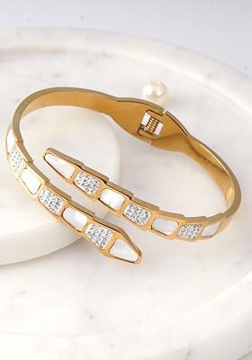 Stainless Steel Gold Plated Cubic Zirconia Studded Wraparound Bracelet