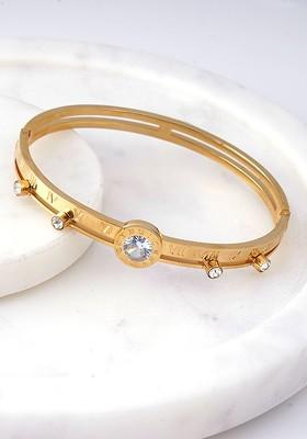Stainless Steel Gold Plated Stones Studded Bangle Style Bracelet