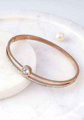 Stainless Steel Rose Gold Plated Stones Studded Bangle Style Bracelet