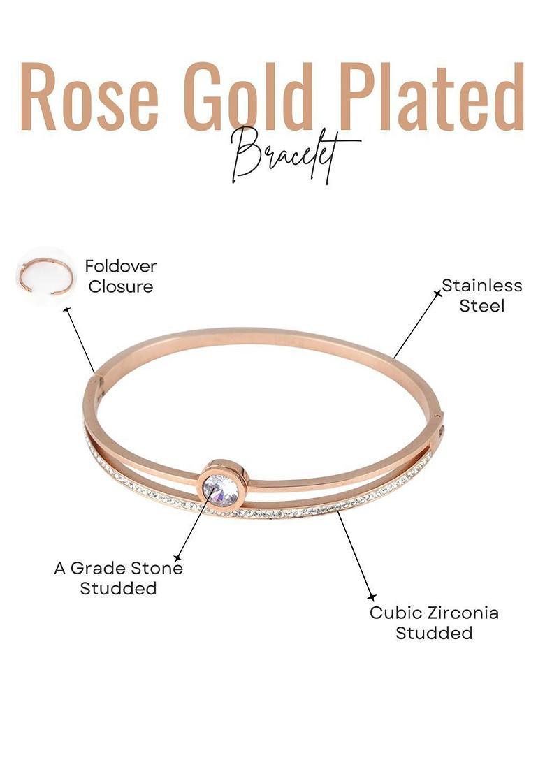 Stainless Steel Rose Gold Plated Stones Studded Bangle Style Bracelet