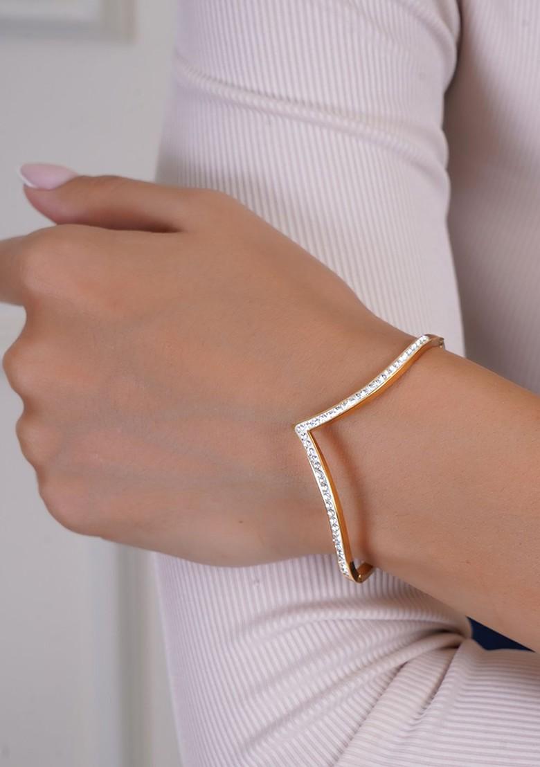 Stainless Steel Gold Plated Stones Studded Bangle Style Bracelet