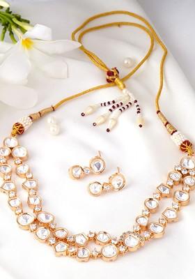 Gold Plated American Diamond And Kundan Studded Jewellery Set