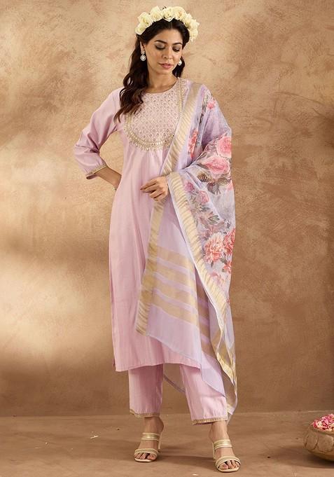 Women Floral Embroidered Sequinned Liva Kurta With Trousers And With Dupatta