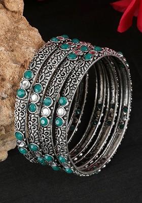 Set Of 4 Silver Plated Oxidised Stone Studded Bangles