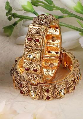 Set Of 2 Kundan Stone Studded 24 CT Gold Plated Bangles