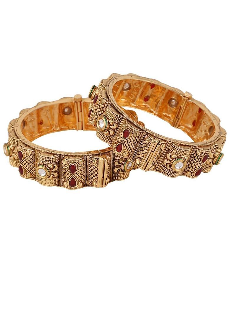 Set Of 2 Kundan Stone Studded 24 CT Gold Plated Bangles