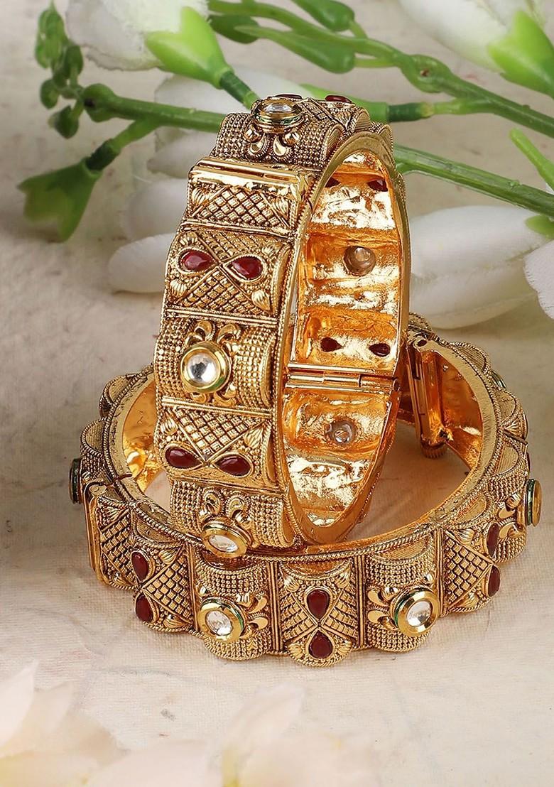 Set Of 2 Kundan Stone Studded 24 CT Gold Plated Bangles