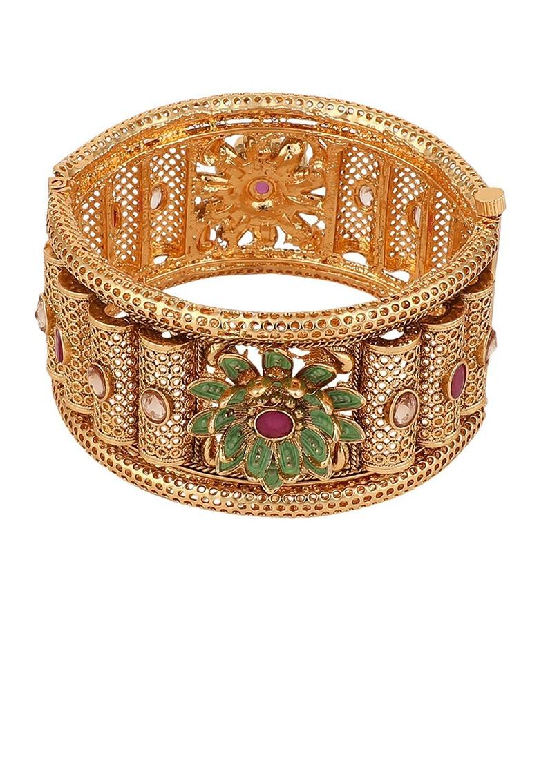 Gold Plated Kundan Studded Enamelled Openable Kada Bracelet Bangle