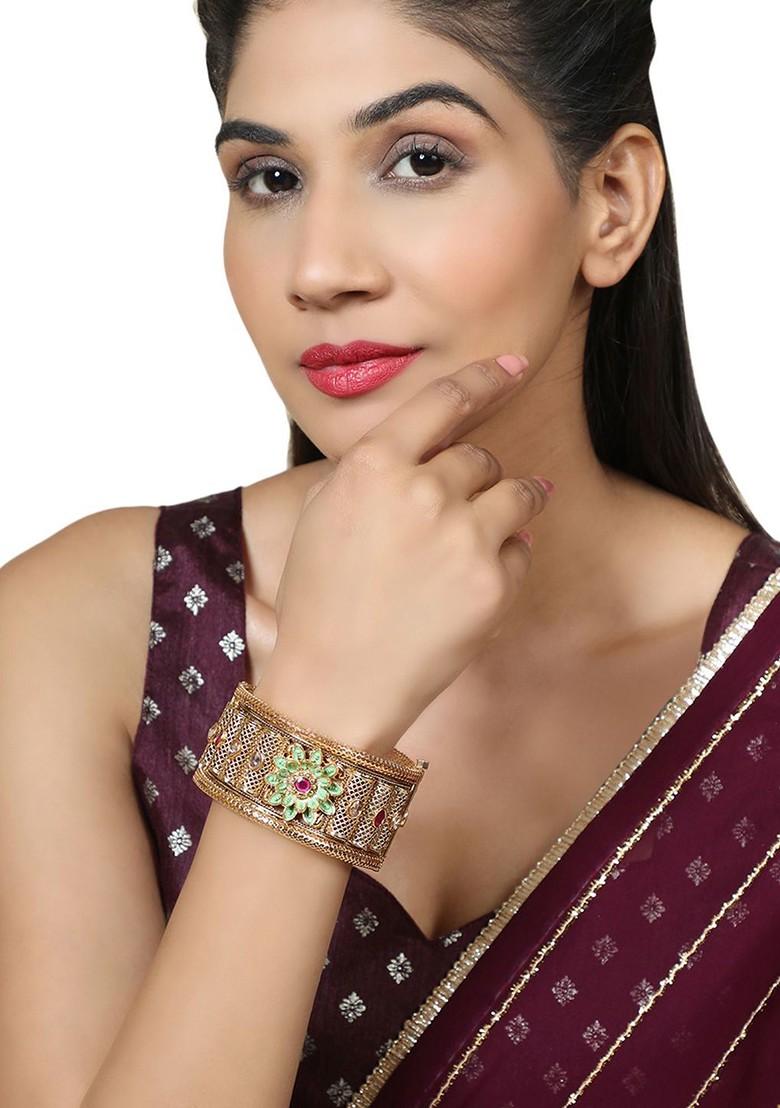 Gold Plated Kundan Studded Enamelled Openable Kada Bracelet Bangle