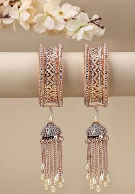 Set Of 2 Rose Gold Plated CZ Stone Studded Latkan Style Bangle