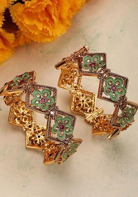 Set Of 2 Stone Studded 24kT Gold Plated Enamelled Bangles