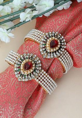 Set Of 2 Gold Plated Pearl and Stone Studded Openable Cuff Bracelets