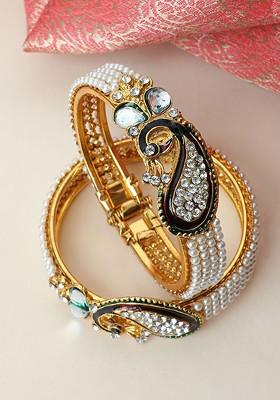 Set Of 2 Gold Plated Peacock Pearls And Stone Studded Openabl Cuff Bracelets