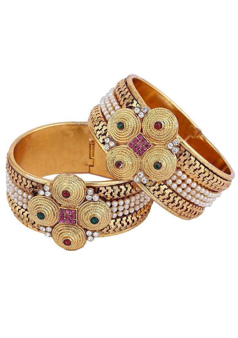 Set Of 2 Gold Plated Pearl and Stone Studded Openable Cuff Bracelets