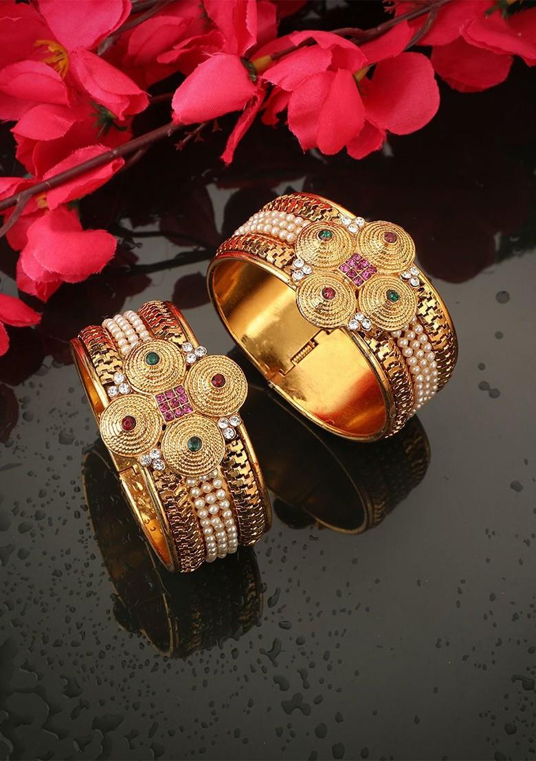 Set Of 2 Gold Plated Pearl and Stone Studded Openable Cuff Bracelets