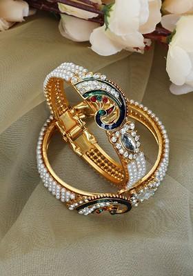 Set of 2 Gold Plated Pearl Beaded And Stone Studded Opeanable Kada Bracelets
