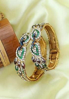 Set Of 2 Gold Plated Cubic Zirconia Stone Studded Openable Cuff Bracelets