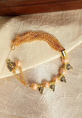 Gold Plated Pearl Link And Charm Adjustable Wraparound Bracelet