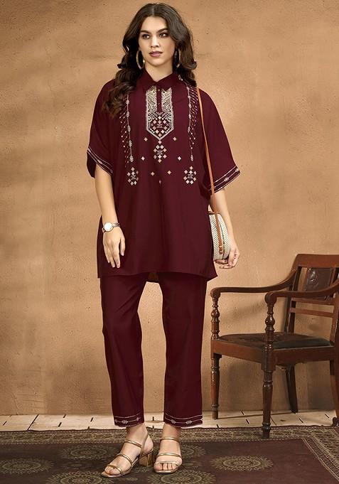 Embroidered Shirt Collar Kaftan With Trousers Co-Ords