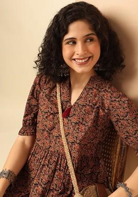 Women Ethnic Motifs Cotton Print Puff Sleeve Fit And Flare Maxi Dress