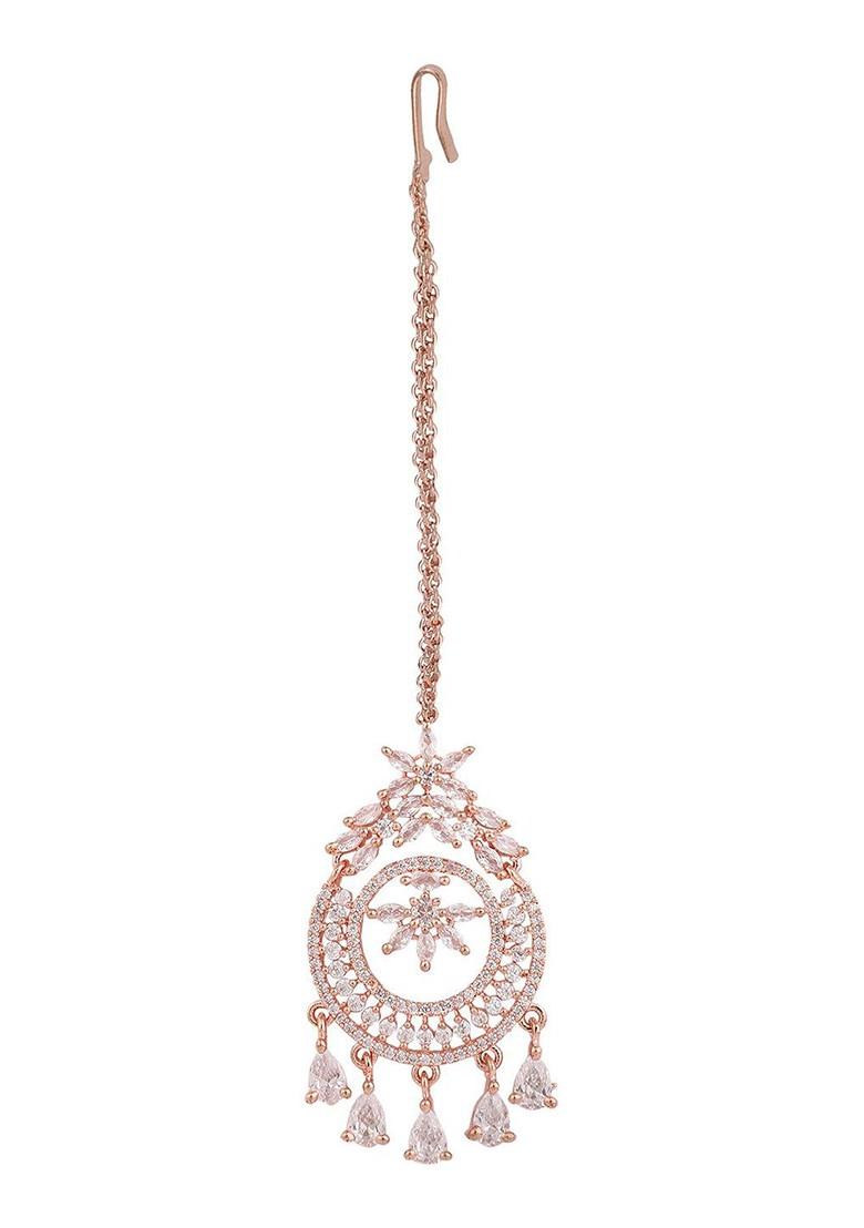 Rose Gold Plated American Diamond Studded Maang Tikka Head Jewellery