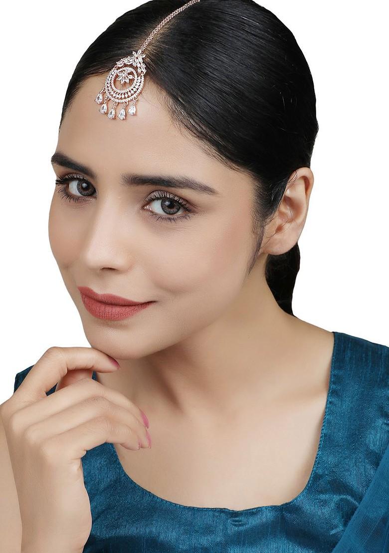 Rose Gold Plated American Diamond Studded Maang Tikka Head Jewellery
