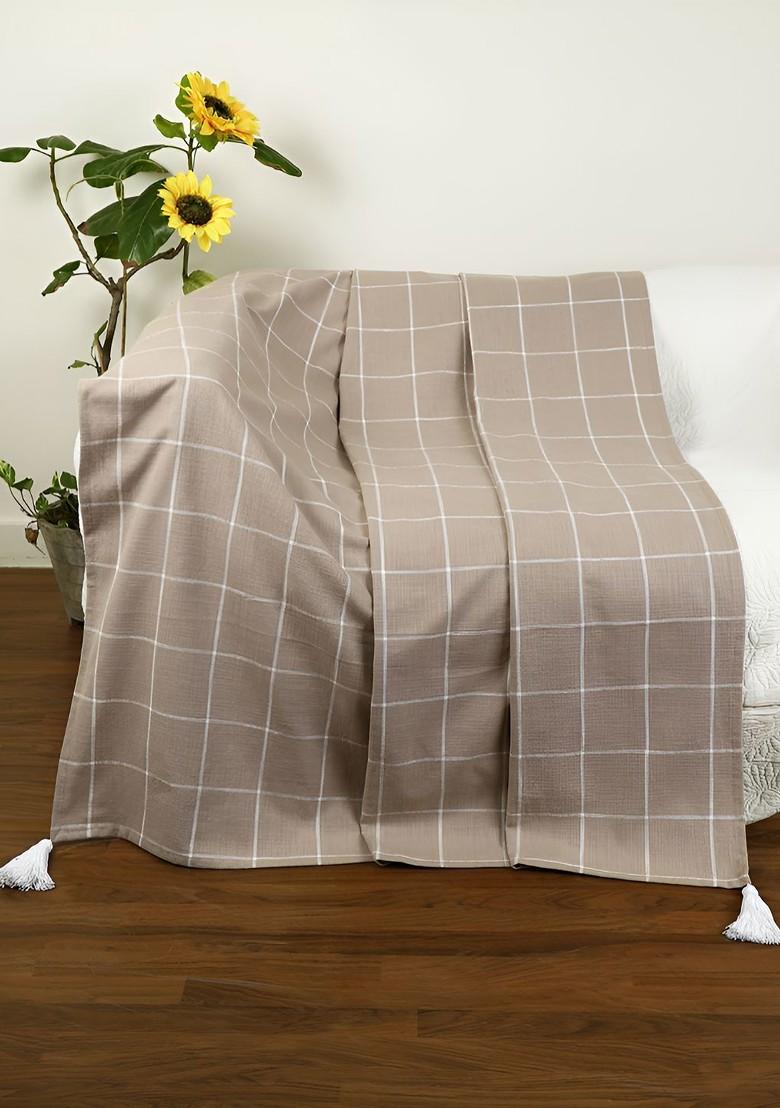 Jamio Firati Beige And White Checked Cotton Throw Blanket