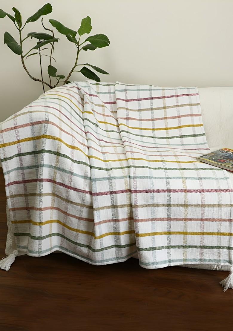 Jamio Firati White And Green Checked Cotton Throw Blanket