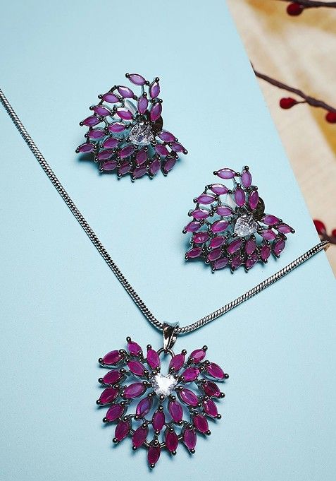 Purple And Silver Toned Stone Studded Jewellery Set