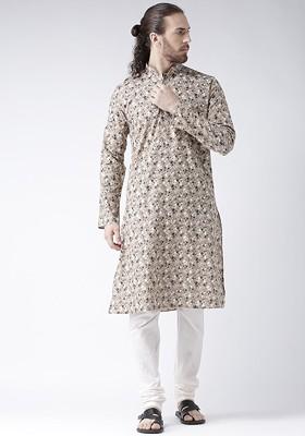 Men Brown And White Printed Linen Kurta With Churidar