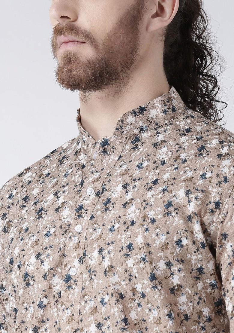 Men Brown And White Printed Linen Kurta With Churidar