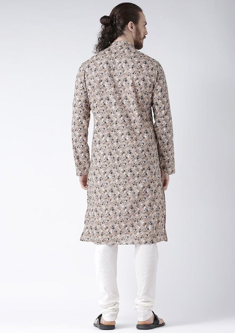 Men Brown And White Printed Linen Kurta With Churidar