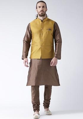 Men Mustard Yellow And Brown Solid Jacquard Kurta With Pyjamas And Nehru Jacket