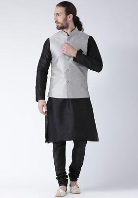 Men Grey And Black Solid Jacquard Kurta With Pyjamas And Nehru Jacket