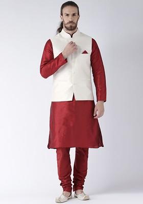Men Off White And Maroon Solid Jacquard Kurta With Pyjamas And Nehru Jacket