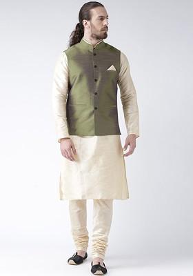 Men Olive Green And Cream Solid Jacquard Kurta With Pyjamas And Nehru Jacket