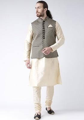 Men Black And Cream Solid Kurta With Pyjamas And Jacquard Nehru Jacket