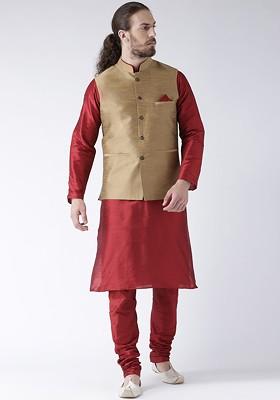 Men Maroon And Brown Solid Jacquard Kurta With Pyjamas And Nehru Jacket