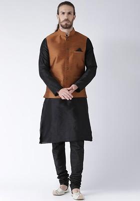 Men Black And Brown Solid Jacquard Kurta With Pyjamas And Nehru Jacket
