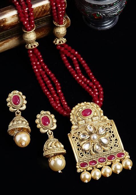 Red Gold Plated Kundan Studded Handcrafted Jewellery Set