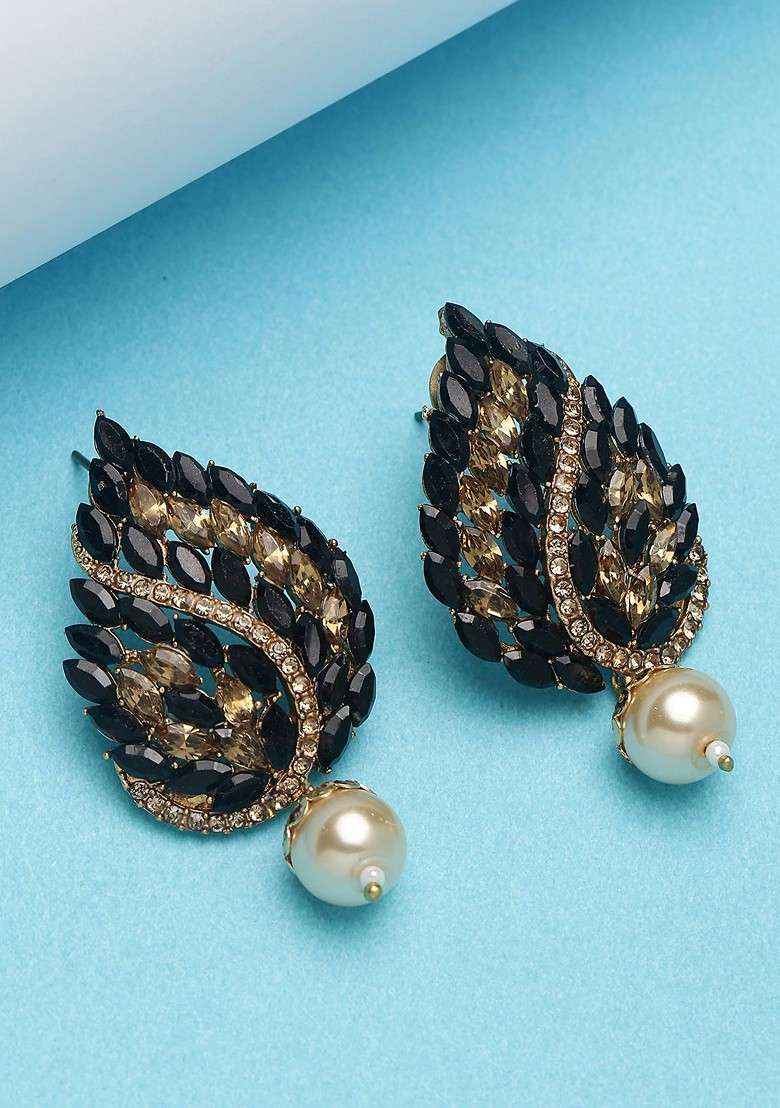 Gold Plated Gold Toned And Black Paisley Shaped Handcrafted Studs - Indya